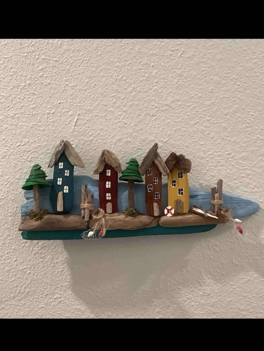 Driftwood Art, Driftwood Fishing Village With Seashell Trees , Coastal Art